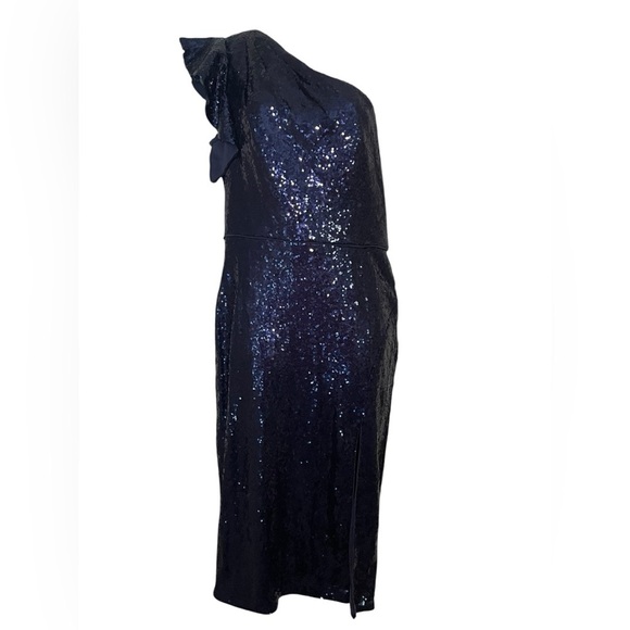 Mac Duggal 49290 New Midnight Navy Sequin One Shoulder Midi Dress Size 10 - Picture 2 of 6